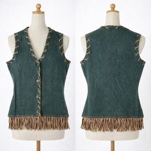 VTG Tantrums Blue Cotton Denim Fringed Vest V-Neck Sleeveless Jacket Size Small